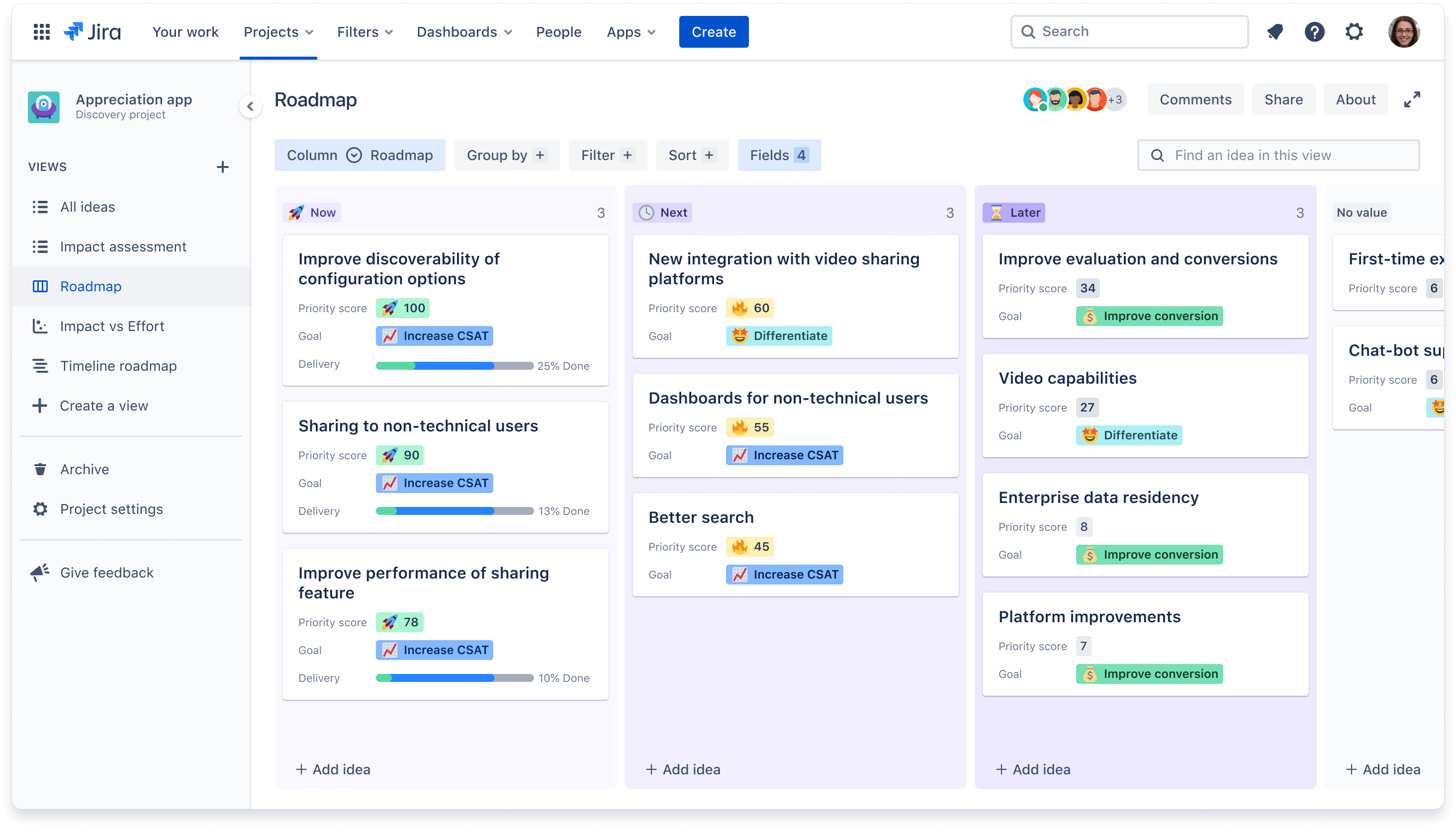 Feuille de route produit dans Jira avec les catégories d'idées actuelles, suivantes et ultérieures.